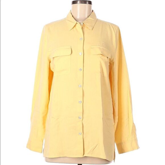 J.JILL SOLID 100% SILK LONG SLEEVE BUTTON DOWN SHIRT CHEST POCKETS YELLOW SIZE M - Picture 1 of 11